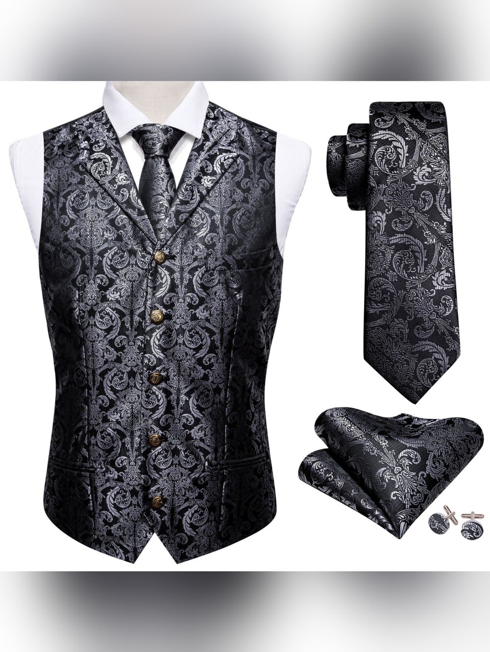 NWT Silver Grey Baroque Suit Lapel Vest Tie Set Men's 2XL